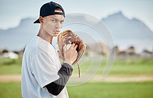 Portrait pitcher, ready or baseball player training for a sports game on outdoor field stadium. Fitness, softball