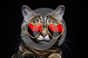 Portrait Pixiebob Cat With Heart Shaped Sunglasses Black Background