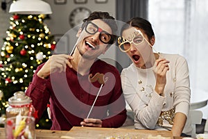 Portrait of playful couple in Christmas masks