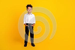 Portrait of pleasant funny schoolboy with wavy hair wear stylish shirt hold palms in pockets standing isolated on yellow