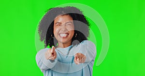 Portrait, pointing and excited with a woman on a green screen background in studio for a choice or selection. Hands