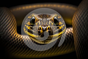 Portrait of a poisonous snake on a black background, close-up shot, generative ai