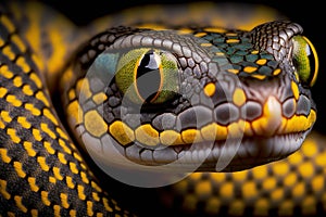 Portrait of a poisonous snake on a black background, close-up shot, generative ai