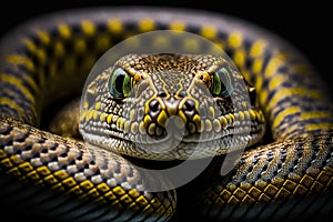 Portrait of a poisonous snake on a black background, close-up shot, generative ai