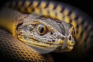 Portrait of a poisonous snake on a black background, close-up shot, generative ai