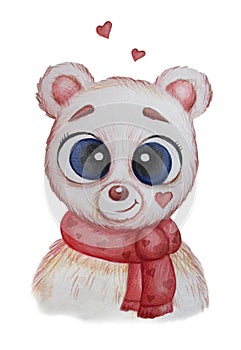 Portrait of a polar bear. Boy in a red scarf with hearts. Watercolor. Hand drawing Cute animal on a white background