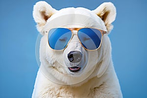 Portrait of polar bear wearing sunglasses close-up.