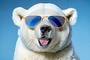 Portrait of polar bear wearing sunglasses close-up.