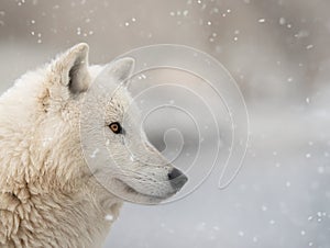 portrait of a polar wolf against backdrop of falling snow