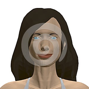 Portrait of a polygonal girl with long black hair and blue eyes. 3D Vector illustration