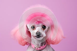 Portrait of poodle dog with pink dyed fur in front of studio background