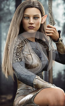 Portrait of a posing blue eyed fantasy female Ranger elf pathfinder with long brown hair wearing ornate leather armor photo