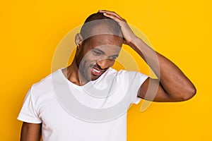 Portrait of positive cheerful afro american guy touch his hair enjoy anti dander haircare spa salon treatment wear good