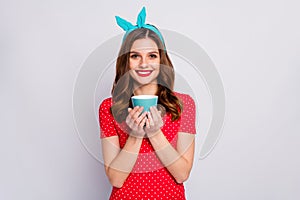 Portrait of positive cheerful calm peaceful girl enjoy hot cafeine beverage mug wear good look outfit isolated over grey