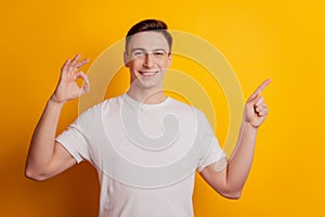 Portrait of positive guy indicate forefinger blank space demonstrate okey sign on yellow background