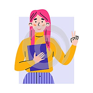 Portrait of positive happy girl gesturing of victory sign a vector illustration.