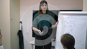 Portrait of positive manager talking pointing at whiteboard discussing business idea with colleagues in office. Young