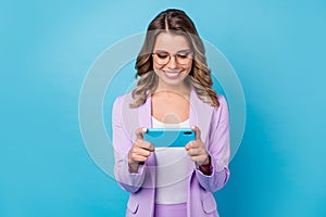 Portrait of positive successful business lady smm worker use smartphone follow comment post social media read news wear