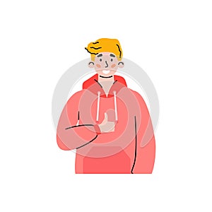 Portrait of positive young man gesturing of ok sign a vector illustration.