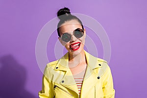 Portrait of positive youth lady lick tongue lips  over violet color background