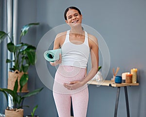 Portrait, pregnancy or pregnant woman ready for yoga exercise or fitness workout for wellness in house living room