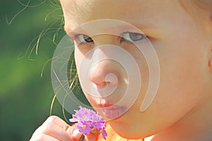 Portrait of  preschool girl close-up of face with wildflower stretched out lips funny and pensive expression. Flower is Mealy