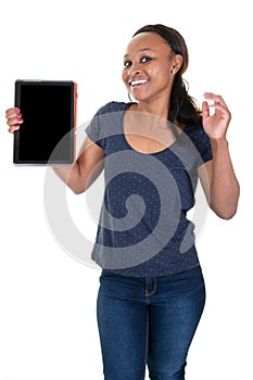 Portrait of pretty black american african charming confident trendy woman in casual having screen tablet in hands looking at