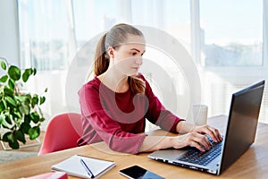 Portrait of pretty business woman sitting at wood desk and typing on laptop computer in modern office, copy space