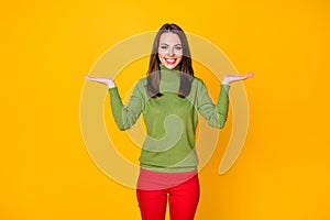 Portrait of pretty cheerful girl holding on two palms copy space offer isolated over bright yellow color background