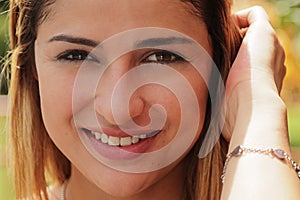 Portrait Pretty Colombian Girl Looking At Camera Smiling