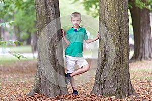 Portrait of a pretty cute child boy standing near big tree trunk in summer park outdoors