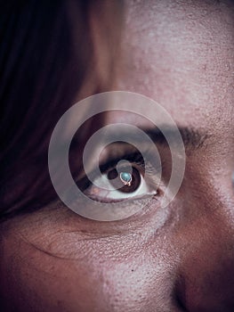 Portrait of a pretty female face with reflecting brown eye