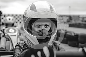 Portrait of a pretty girl wearing a white helmet close up, detail of Go-kart. karting track racing, copy space. serious look,