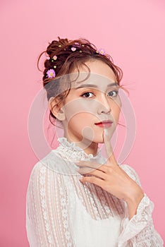 Portrait of pretty lady youth touch chin dilemmas wear fashionable outfit isolated pink background
