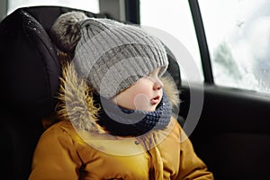 Portrait of pretty little boy sitting in car seat during roadtrip or travel