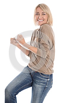 Portrait: Pretty middle aged isolated blond woman cheering over