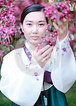 Portrait of a pretty north Korean woman, dressed in authentic hanbok, who gently touches a branch of blossoming sakura flowers and photo