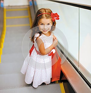 Portrait pretty smiling little girl with shopping bag