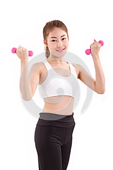 portrait of pretty sporty girl, hand holding dumbbell