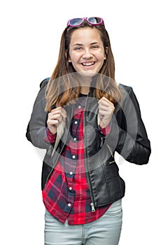 Portrait of Pretty Young Female Student With Backpack Isolated on White