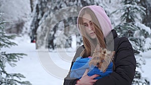 Portrait pretty young girl holding a yorkshire terrier wrapped in a blue blanket on hands in a winter snow-covered park