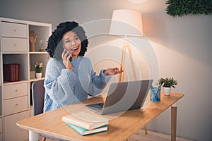 Portrait of pretty young lady speak telephone coworking wear sweater laptop desk home office indoors