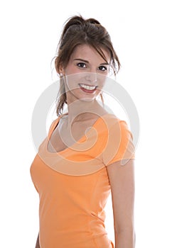 Portrait of a pretty young smiling woman isolated over white.