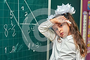 Portrait of a primary school student at the blackboard .