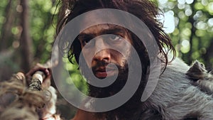 Portrait of Primeval Caveman Wearing Animal Skin and Fur Hunting with a Stone Tipped Spear in the