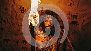 Portrait of Primeval Caveman Wearing Animal Skin Standing in His Cave At Night, Holding Torch with