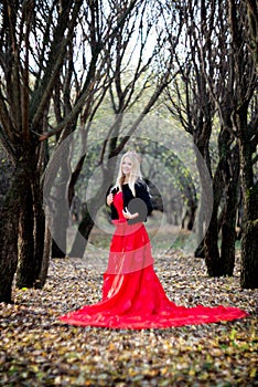 Portrait of princess in crown and red dress in forest. Autumn