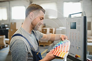 Portrait of production line worker controlling manufacturing process of modern packaging industrial machine in printing