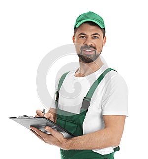 Portrait of professional auto mechanic with clipboard on background