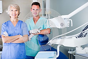 Portrait of professional dentists standing in medical office
